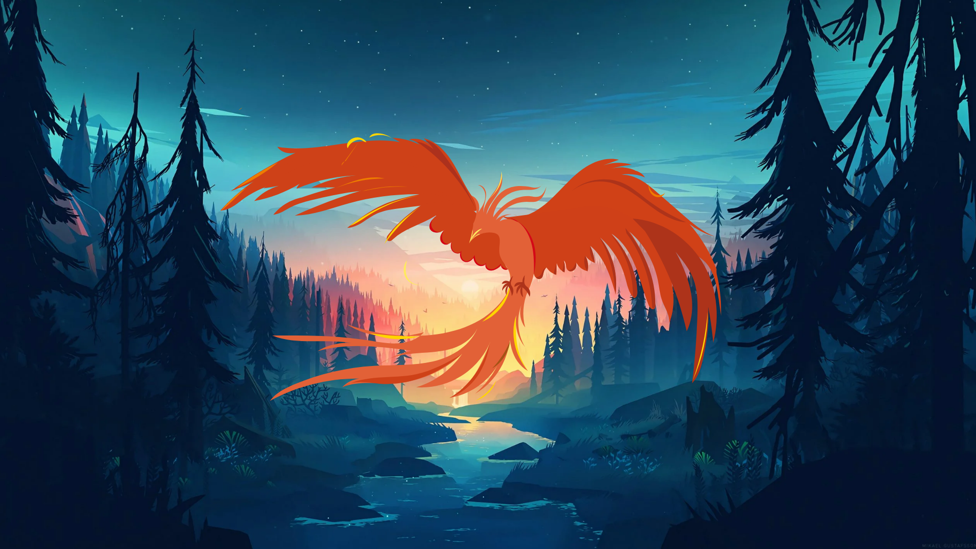 phoenix volant au dessus d'une forêt